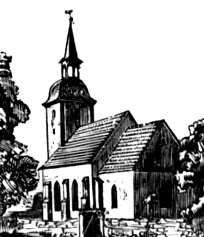 Laurentiuskirche Kusal von der Südostseite in der Zeichnung aus W.F. Kentmanns Broschüre von etwa 1867. Quelle: medievalheritage.eu